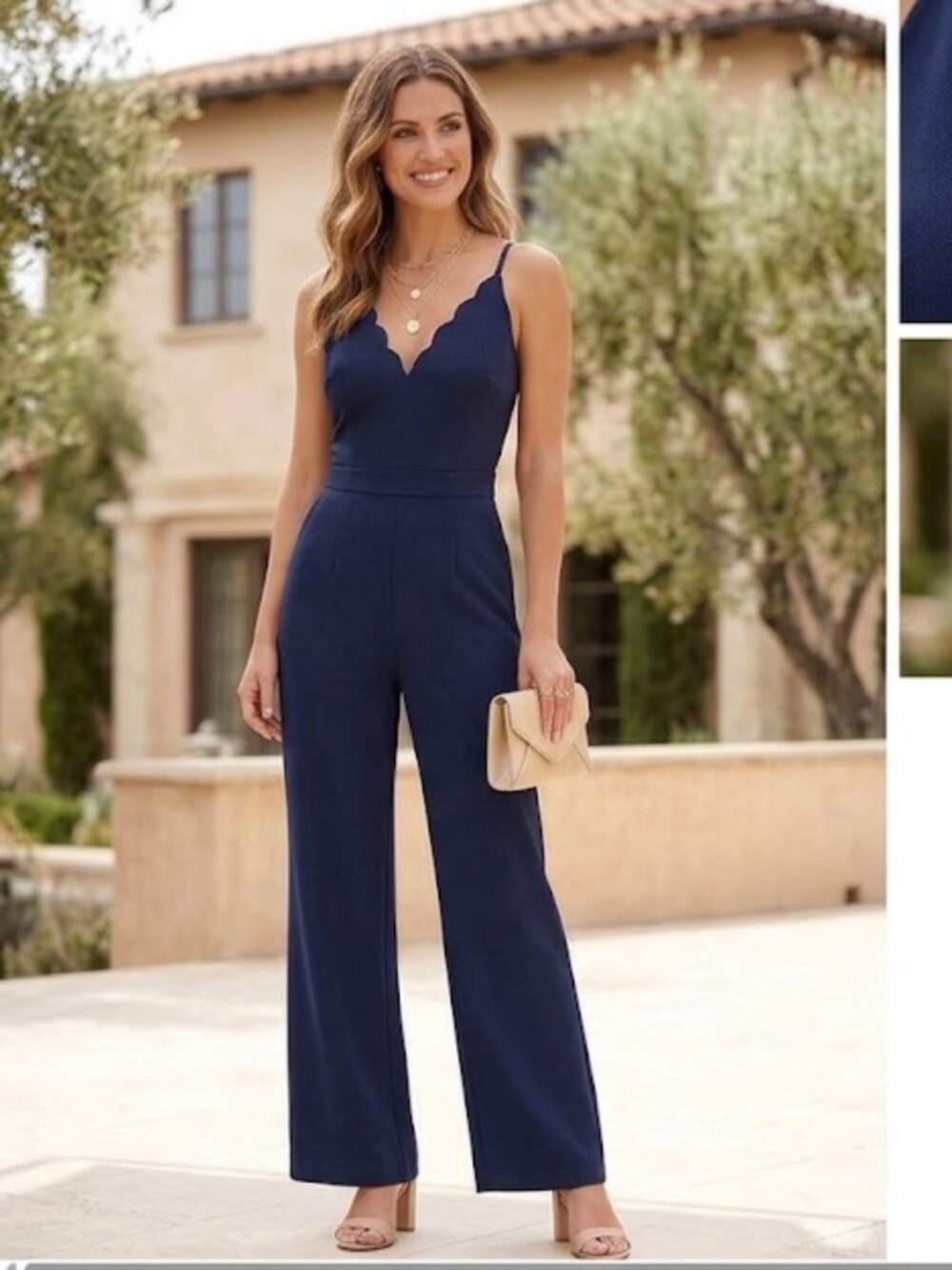 Adelyn Rae Navy Scallop V-Neck Wide Leg Jumpsuit Size XS Flattering Party